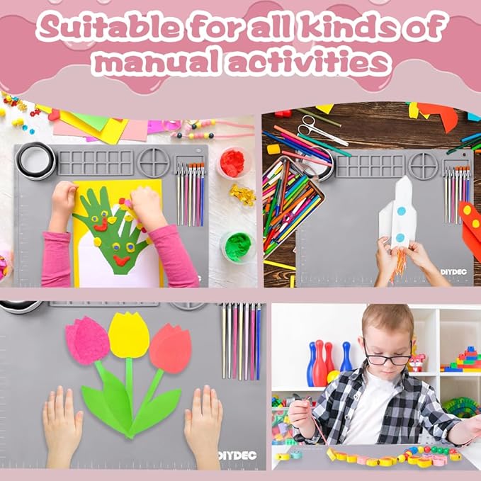 DIYDEC Silicone Craft Mat for Kids 20X16 Inch Large Silicone Art mat with Detachable Cup Painting Mat with 10 Painting Brushes Silicone Mat for Boy Girl DIY Gift Accessories (Grey)