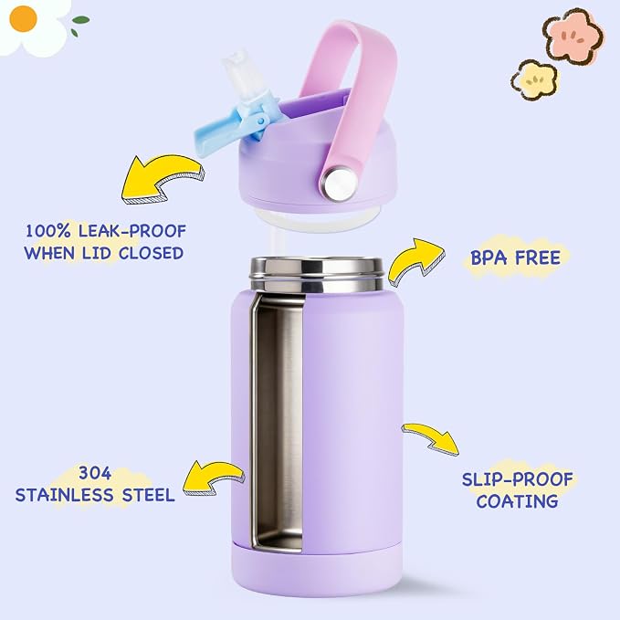 Kerilyn 12oz Water Bottle, Stainless Steel Insulated Water Bottle with Straws Leak-Proof, Water Cup Double Wall Vacuum, BPA Free, Purple Mix