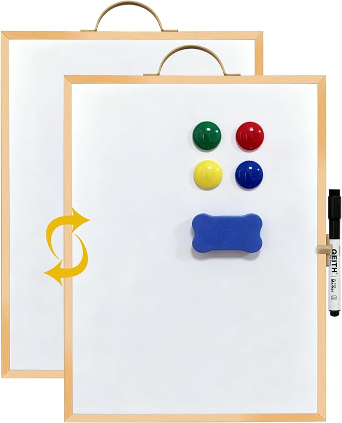 Small White Board,16"X12"Portable Aluminum Frame Whiteboard, Magnetic Double Sided Dry Erase Board, with A Handle and Side Pen Clip,for Office, Home,School,Includ 4 Magnets,1 Eraser,1 Marker (Gold)