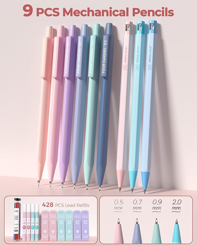 Four Candies 56PCS School Supplies with Pencil Case, Stationery Set, Pink | 6 Multicolor Pens, 12 Pastel Highlighters, 5 Gel Pens, 9 Mechanical Pencils, Back to School, College Essentials for Students
