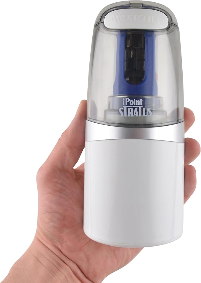 Westcott 17794 iPoint Stratus Battery Pencil Sharpener with Titanium-Bonded Blades and Pop-Top Canister for School, Office, and Home, Assorted Colors