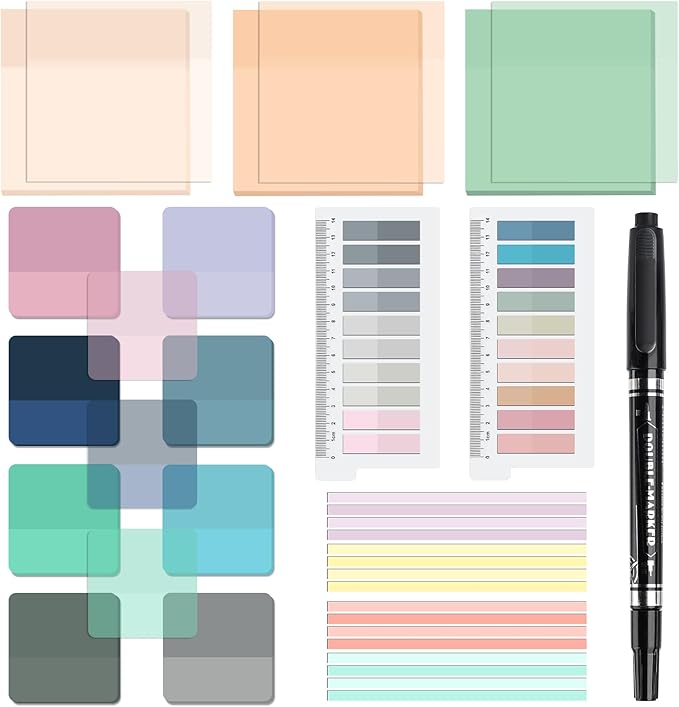 870 Sheets Transparent Sticky Notes, Clear 3 x 3 Square Sticky Notes with Marker, Waterproof Translucent Annotation Index Tabs for Bible Study Journaling Supplies