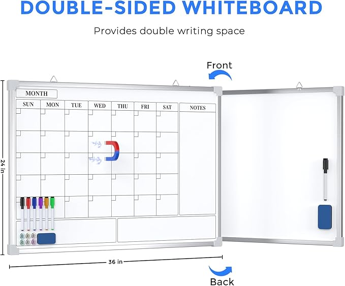 MaxGear Double Sided Magnetic Dry Erase Board Calendar, 36" x 24" Monthly Whiteboard for Wall, Aluminum Framed Reversible White Board with Notes Section, Markers, Magnets & Eraser for Home Office