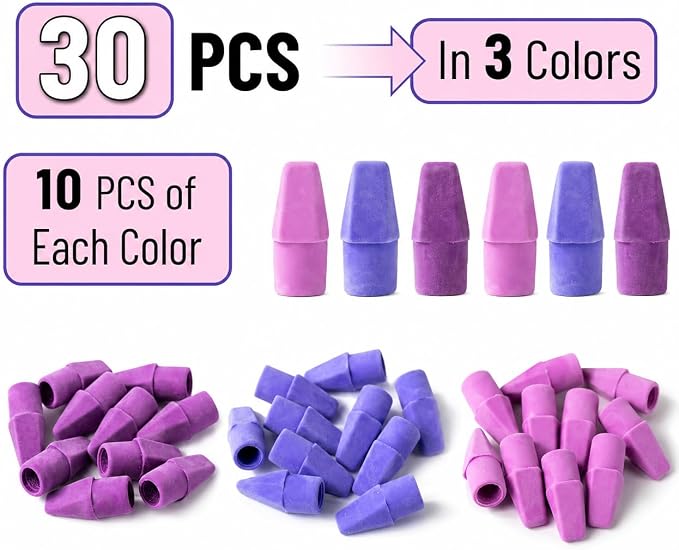 Mr. Pen- Pencil Erasers Toppers, 30 Pack, Colorful