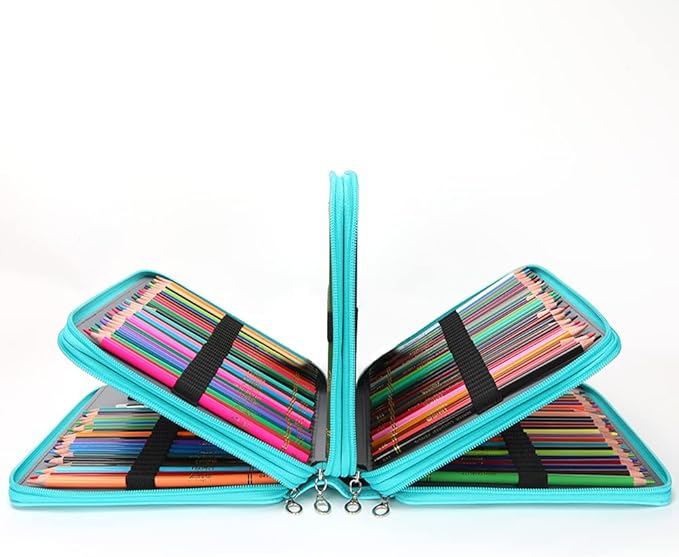 Vomgomfom 200 Slots Pencil Bag, 4-Layer Zipper Portable Art Supply Organizer, PU Leather Large Capacity Colored Pencil Case with Handle for 200 Watercolor Pens, Gel Pens (Green)
