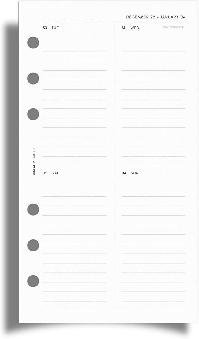 Cloth & Paper 2026 Dated Weekly Planner Inserts - Monday Start | Personal Size 3.75 x 6.75 Inches | 6 Ring Planner Refill Vertical Weekly Layout, 214 Dated Pages | Minimal Agenda Refill
