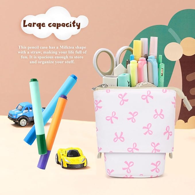 KPX Cute Standing Pencil Case Pen Holder for Kids, Pop Up Stand UP Bubble Tea Pen Organizer Kawaii Stationary for Christmas Holiday New Year Office (Bow)