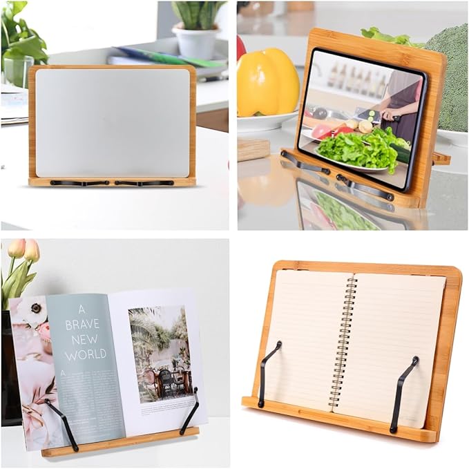 MEGREZ Book Stand for Reading (13.2 x 9.4 inch) Bamboo Cookbook Stand Holder for Kitchen, Adjustable Book Holder Stand for Tablet/Textbook Holder/Hollow Bookrest Stand, Bow