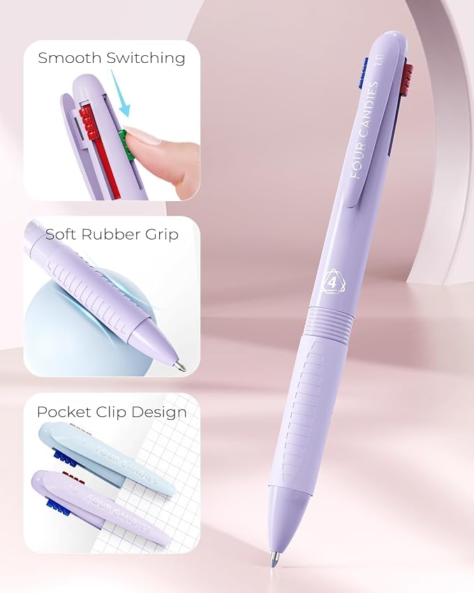 Four Candies Multicolor Pens, 4-in-1 Retractable Gel Ink Pens, 9 Count | Retractable Multi Color Pens Fast Dry, Smooth Writing for Planners and Journaling, Nurse Accessories for Work