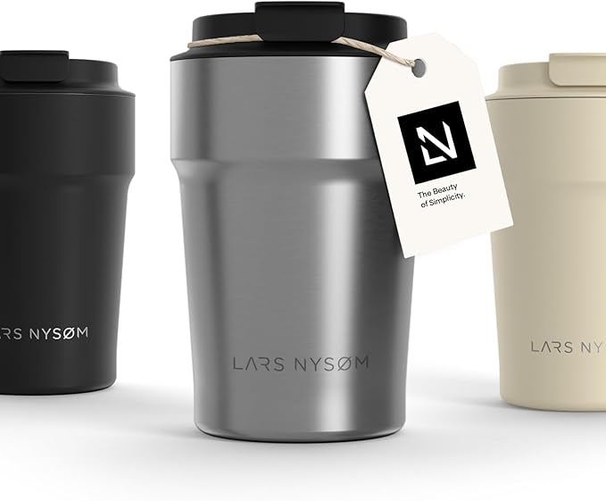 LARS NYSØM Thermo Coffee Mug to go 13oz | Travel Mug 0.38 Liter with Insulation | Leak Proof Stainless Steel Thermal Tumbler for Coffee and Tea on the Go (Stainless Steel, 12.9oz)
