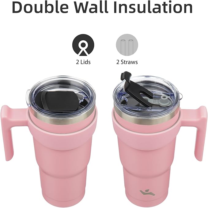 Konokyo 20 oz Tumbler with Handle and 2 Straw 2 Lid, Insulated Water Bottle Stainless Steel Vacuum Cup Reusable Travel Mug, Light Pink
