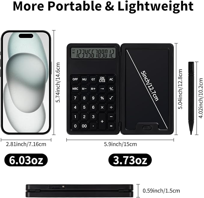 Desk Portable Basic Calculator, Small Mini Calculators with Writing Notepad and Stylus, More Lightweight and Portable, 12Digit Large Display Multi-Function for Office, School, Home & Financial (Black)
