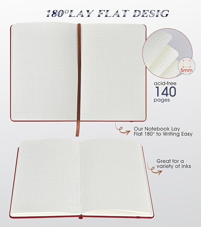 Biuwory Dotted Journal Notebook for Women Men, 140 Pages Hardcover Dot Grid Notebooks for Work, School & Travel, Leather Journals for Writing, Bullet Journaling 5.7"×8.3" (Winered)