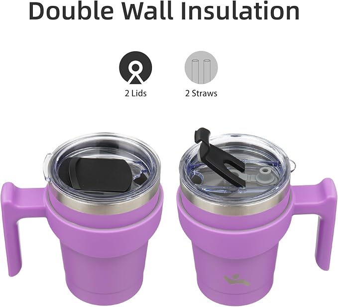 Konokyo 10 oz Tumbler with Handle and 2 Straw 2 Lid, Insulated Water Bottle Stainless Steel Vacuum Cup Reusable Travel Mug,Lavender