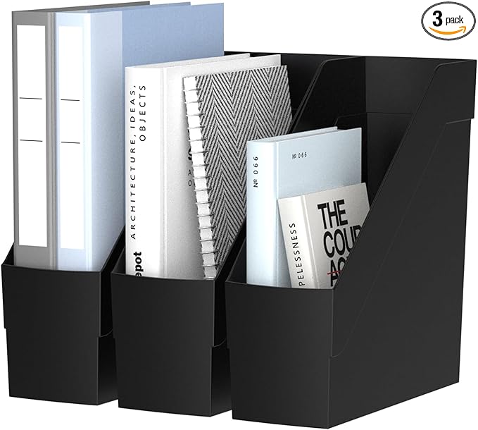 Delifox 3 Pack Magazine Rack, Plastic File Folder Bin Desk Organizer, Black