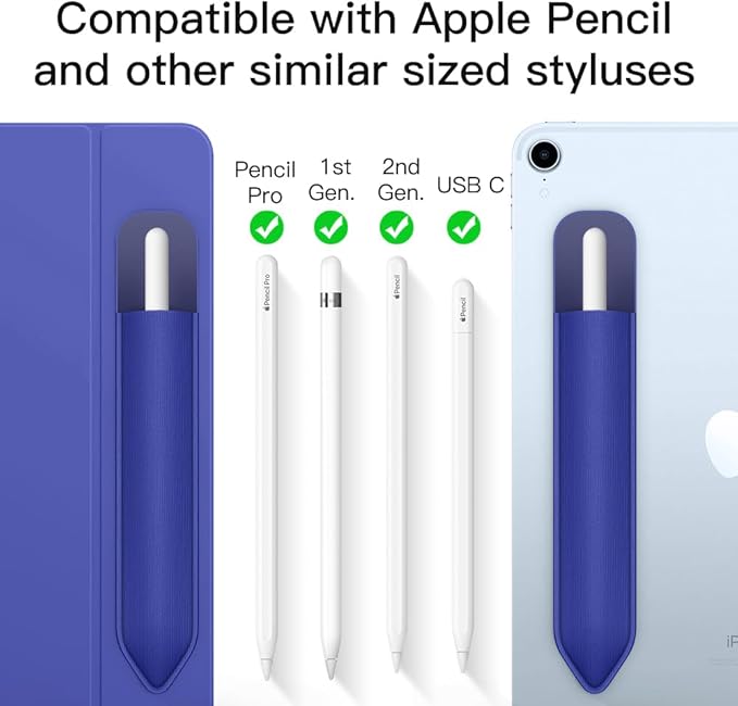 MoKo Pencil Holder Sticker Fit Apple Pencil Pro, Apple Pencil (USB-C), Apple Pencil 1st/2nd Generation, Elastic Pencil Pocket Pouch Adhesive Sleeve Attached to iPad Case for Stylus Pens, Navy Blue