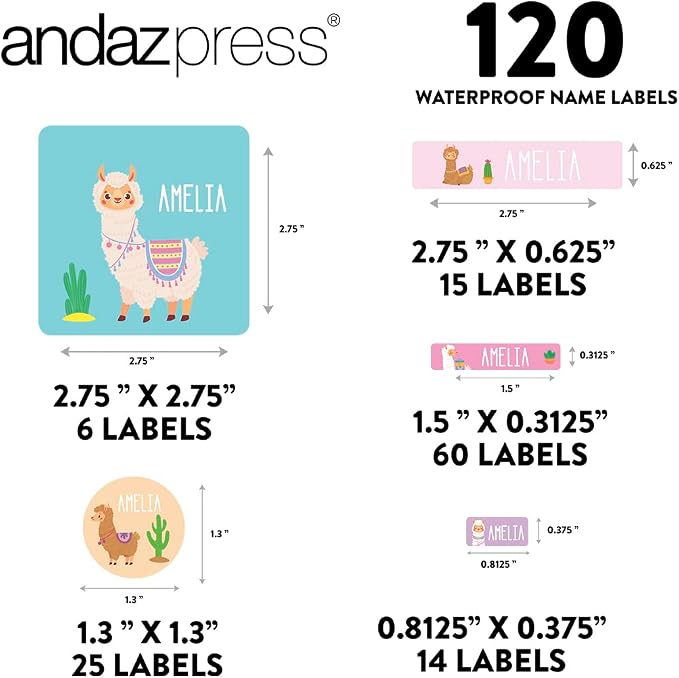 Andaz Press Custom Personalized Waterproof School Name Labels, Llama, 120-Pack, Kids Labels Combo Pack, Customizable Multi-Use Name Stickers for Preschool, Daycare, Supplies, Office, Camping