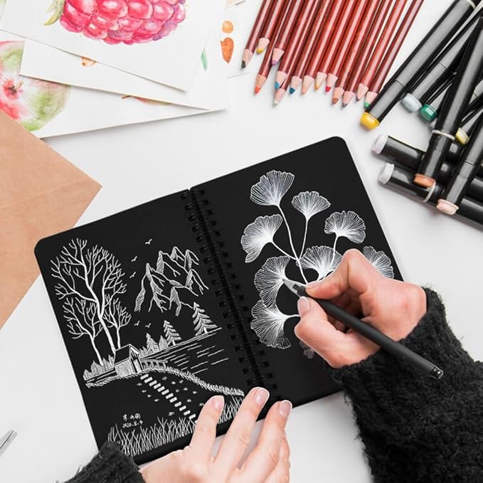 5x7in Black Paper Mixed Media Sketchbook, 110gsm Spiral Bound Art Journal Sketchbook, 70Sheets Acid-Free Travel Pocket Sketch Pad for Drawing, Illustration, Ideal for Most Dry Media