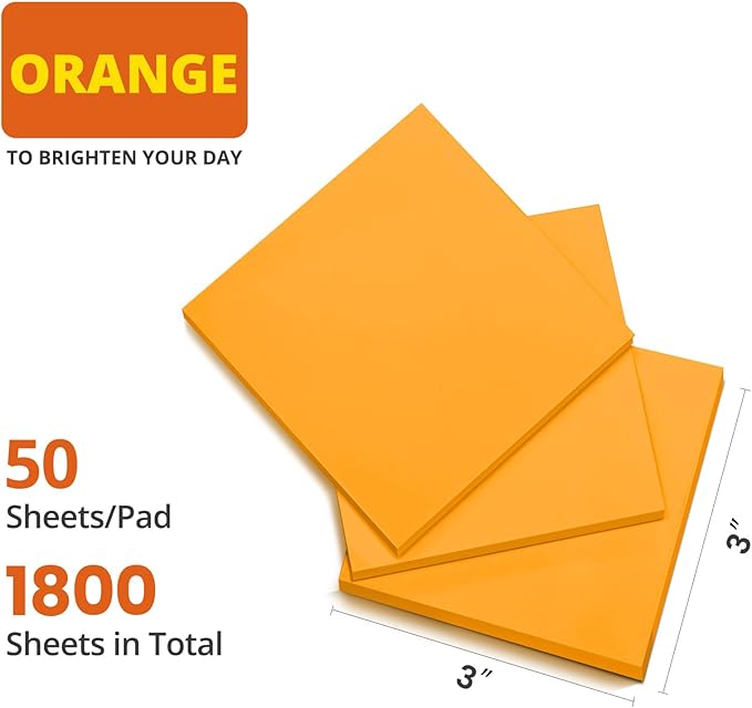 Sticky Notes, 36 Pads, 3x3 Inches Self-Stick Note Pads, Perfect for Office, Study, and Daily Life Organization - Orange