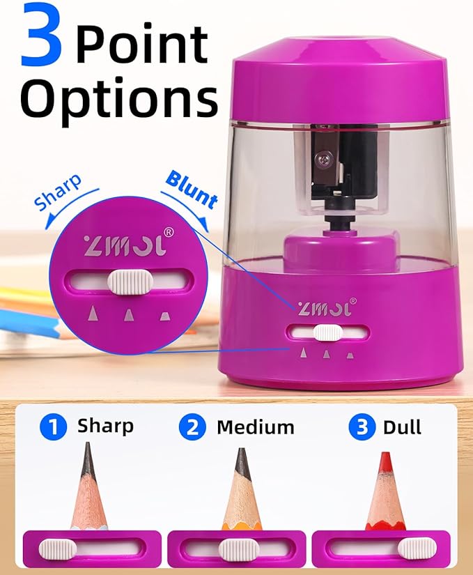 ZMOL Electric Pencil Sharpener Battery Operated Power Kids for Colored & Jumbo Pencils No.2/(6-12mm) - Safe & Easy Use Plug in Portable with (AC Adapter,USB, Battery) for Classroom/Office/Home Pink