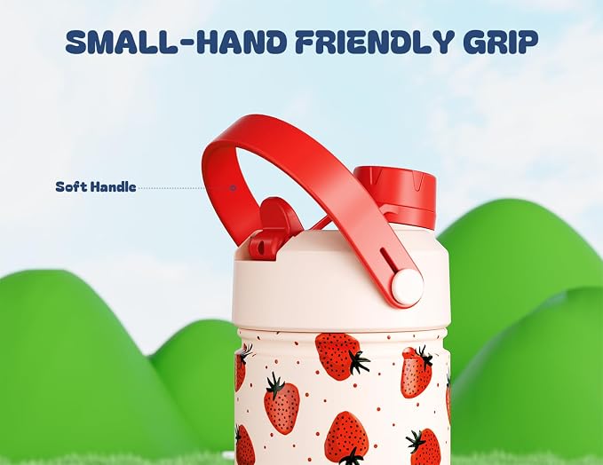 12 oz Kids Metal Water Bottle: 2-in-1 Straw Spout Lid, Spill-Proof, Easy Clean, Keep Cold 24H, Backpack Friendly, BPA-Free Stainless Steel Cup for School, Daycare, Playtime, Gift (Strawberry Squeeze)