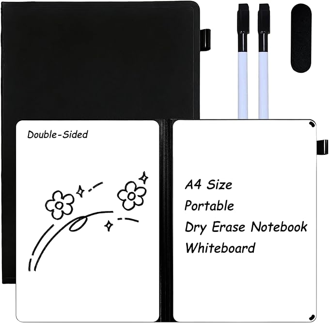 Portable White Board Dry Erase Notebook, Double Sided Folding Whiteboards with Pen and Erase, Small Dry Erase Board for Study, Meeting, Planning 12"x9" (A4), Anti-Ghosting (Black)