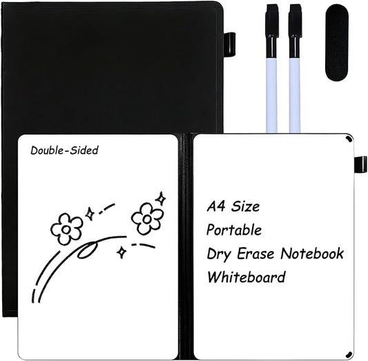 Portable White Board Dry Erase Notebook, Double Sided Folding Whiteboards with Pen and Erase, Small Dry Erase Board for Study, Meeting, Planning 12"x9" (A4), Anti-Ghosting (Black)