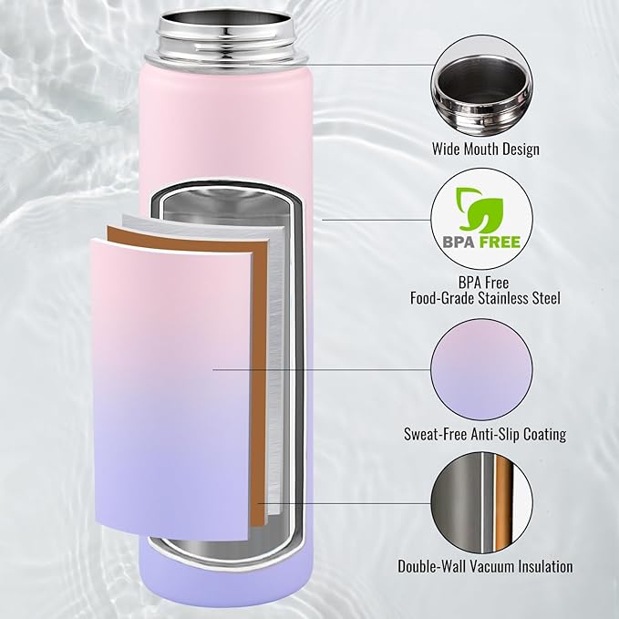 Fijinhom 24 oz Insulated Water Bottle with Handle, 304 Stainless Steel Water Bottles with Wide Mouth, Double Wall Vacuum Sports Water Bottle, BPA Free, Keep Cold and Hot, Pink/Purple