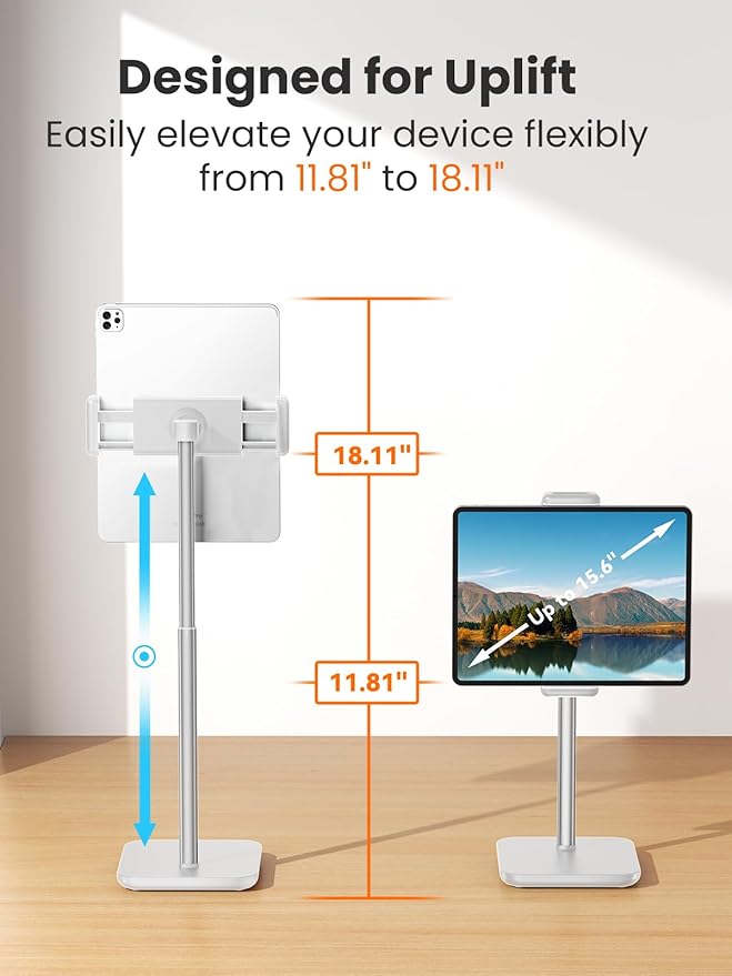 tounee Height Adjustable Tablet Stand, 3.5lb (1.6kg) Max Support, Up to 18" Tall, Slim Portable Monitors Stand Compatible with iPad Pro 12.9, Surface Pro, All 4.7"-15.6" Devices-White