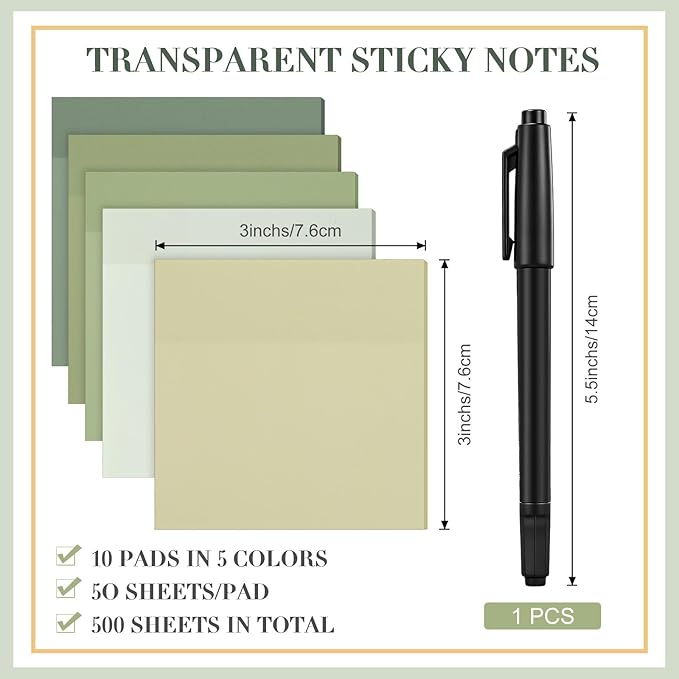 Marspark 500 Sheets Transparent Sticky Notes with Marker, 3x3 Inch See Through Sticky Notes, Self-Adhesive Translucent Clear Note Pads for Bible Journaling Memo Office School Supplies(Sage Green)