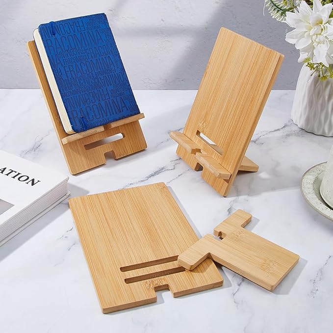 DICOSMETIC 4Pcs Bamboo Book Stand Wooden Desktop Book Holder Small Tabletop Book Rack Wood Easel Stand with Charging Hole for Smartphone Tablet Office Home Living Room