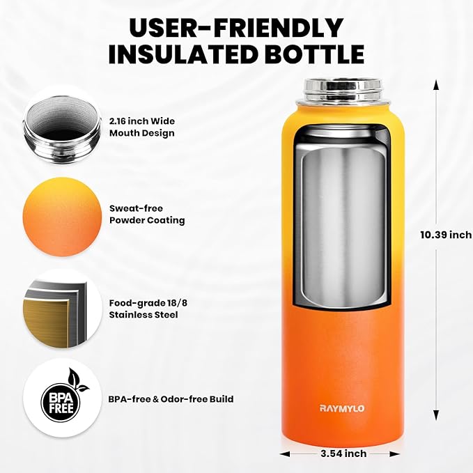 RAYMYLO Insulated Water Bottle 40 oz, Triple Wall Vacuum Stainless Steel (Cold for 36Hrs, Hot for 18Hrs), Leak Proof & Non-BPA, Modern Water Flask Jug with Paracord Handle & Straw Spout Lids
