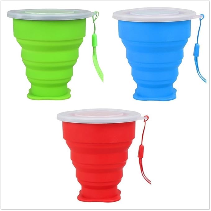 3-Pack Assorted TouchOf COLLAPSIBLE TRAVEL CUP, Genuine 7oz Drinking Mug with Lid, BPA Free Silicone, Water, Coffee, Tea Hot or Cold for Hiking, Camping, Picnic & Work Lightweight Easy to Store