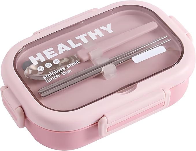 Stainless Steel Lunch Box, 2 Compartment Bento Box for Adults, Easy to Clean, Leak-Proof Design, Food Storage Container with Tableware for Family, Work, Picnics and Travel(800ml, Pink)