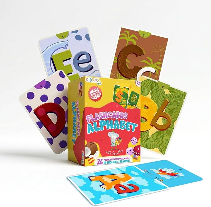 Kidrox Squad Alphabet Flashcards for Kids – 26 Slide-Reveal Cards in English & Spanish | Magic Pull-Tab Bilingual Learning Game for Toddlers & Preschoolers Age 3+