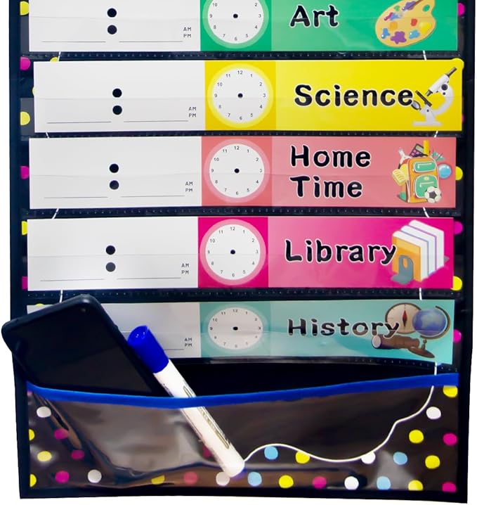 Fancy Land Daily Schedule Pocket Chart Educational Pocket Chart for Classroom Office Home Teachers Preschool Activity Supplies 15 Pockets 27 Double-Sided Reusable Dry-Eraser Card 13 x 37 Inches