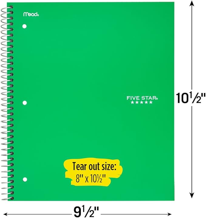 Five Star Spiral Notebooks, 5 Subject, Wide Ruled Paper, 200 Sheets, 10-1/2" x 8", Electric Green, Royal Purple, 2 Pack (38408)