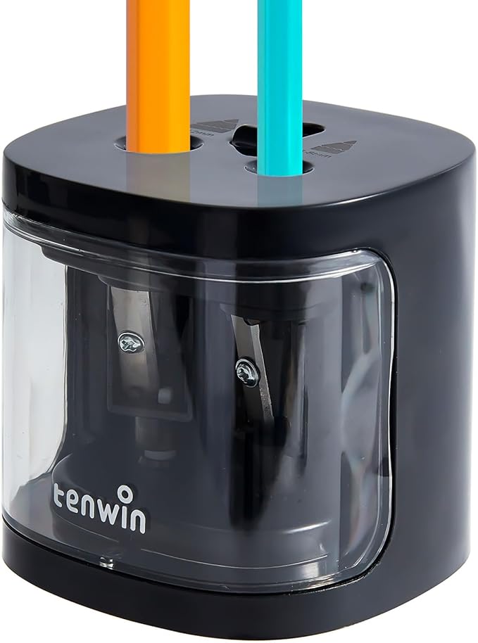 tenwin Electric Pencil Sharpener, Dual Hole Pencil Sharpeners Battery Powered, Small&Portable, Fit for 6-12mm No.2/Colored Pencils, Kids, School/Home (Black)