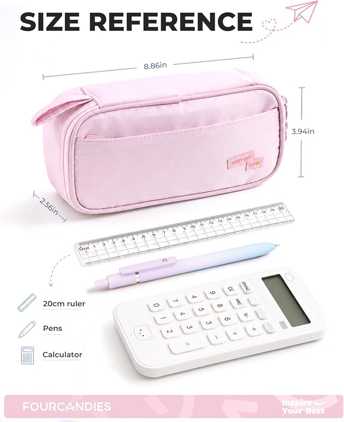Four Candies Large Pencil Case, 5 Compartments Canvas Pen Organize | Big Capacity Pencil Pouch Bag for School Supplies, Portable Stationery Holder for Teen Girls Boy Men Women(Pink)