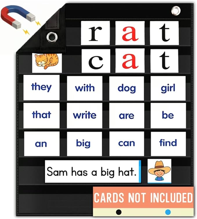 Magnetic Pocket Chart for Classroom - Small 7 Pocket Chart for Word Wall Daily Schedule Sentence Strips Sticker Display, Black Teacher Supplies for Preschool Elementary & Home