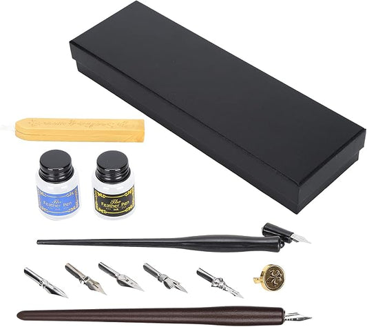Wood Handle Calligraphy Pen Set, Fountain Dip Pen with 5 Nibs, Ink Writing Tool Kit for Beginners, Includes Wax Seals Stamp and Empty Ink Bottles for Artistic Painting and Letterin (Thick Wooden Pole