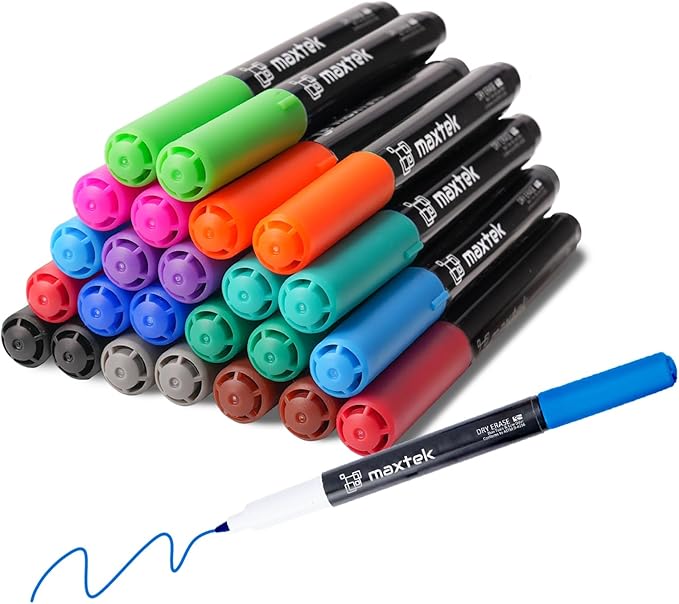 maxtek 24 Count Dry Erase Markers Ultra Fine Tip, 12 Colors, Low Odor, 0.7mm Fine Point Dry Erase Markers for Planning Whiteboard, Calendar Boards