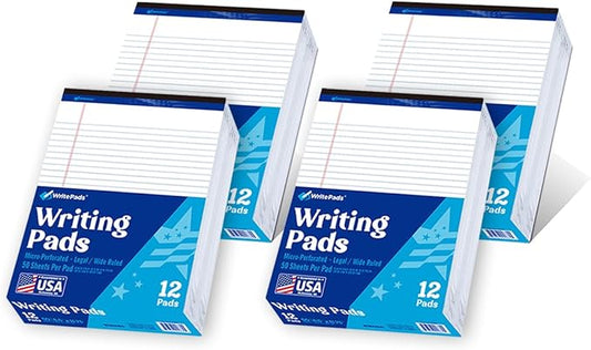 WritePads Legal Pad, 8.5 x 11, Wide Ruled, White Paper, 48-Pack, 50 Sheets Per Pad, Micro-Perforated Notepad, Office Supplies Made in USA