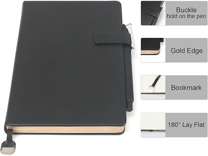 A5 Hard Cover Notebook with Pen Holder, Gold Edges & 180° Lay Flat - Large 5.7x8.4 Lined, Bookmark, Gift Box - Durable Journal for Office, Study, Travel - Writers, Students(Black)