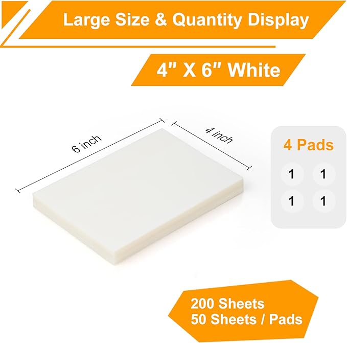 4x6 Inch Transparent Sticky Notes, 200 Sheets Large Translucent Self-Adhesive Clear See Through Post Big Size Sticky Notes for Office Woman School Classroom Teacher College Supplies White Color