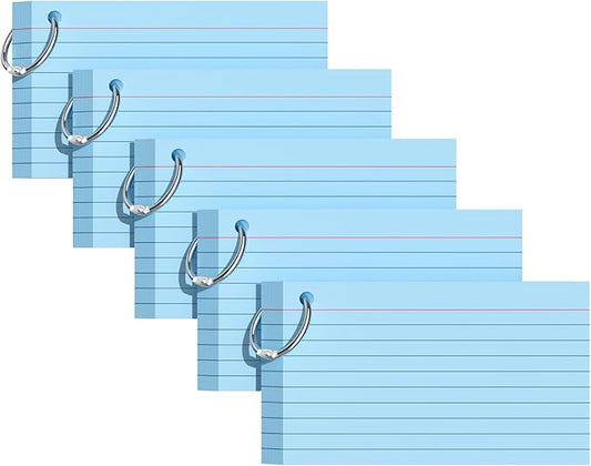 Index Cards 3x5 Inches, 250 PCS, Blue Flash Cards With Ring, Punched Lined Study Card Ruled Flashcards Notecards, Ruled Front And Blank Back, Note Card for School, College And Home