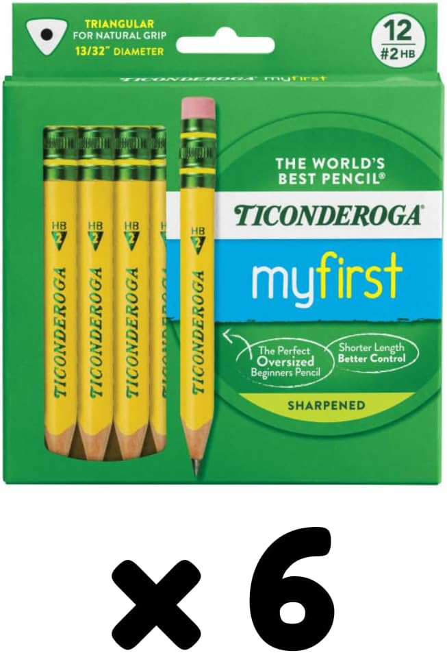 Ticonderoga My First Half-Size Wooden Pencils, Large Triangle-Barrel Pre-Sharpened #2 (HB) Short 4.5" Yellow Pencils with Erasers, Yellow, 12/Pack, Case of 6 Packs