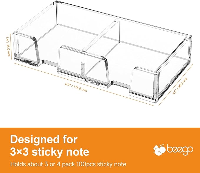 BEEGO Sticky Note Organizer - 3x3 in 2IN1 Crystal Clear Acrylic Notepad Holder Acrylic Sticky Note Dispenser Cute Memo Holder (NO Pads) for Dorm Room Office Desk Organization