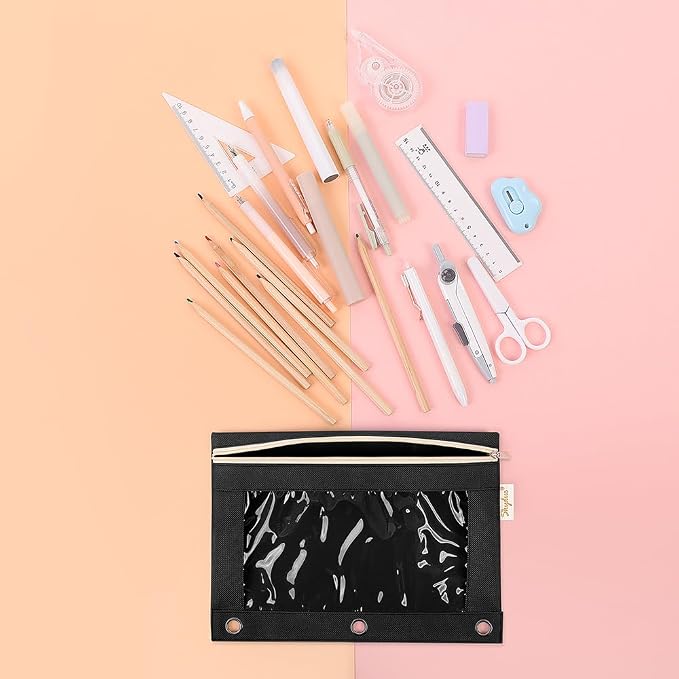 SKYDUE Pencil Pouch for 3 Ring Binder, 9.8" x 7.3" Clear Window Pencil Bag | Zipper Pencil Pouches for Girls Boys, Black Pencil Pouch with 3 Reinforced Grommets, Durable Organizer for School Supplies