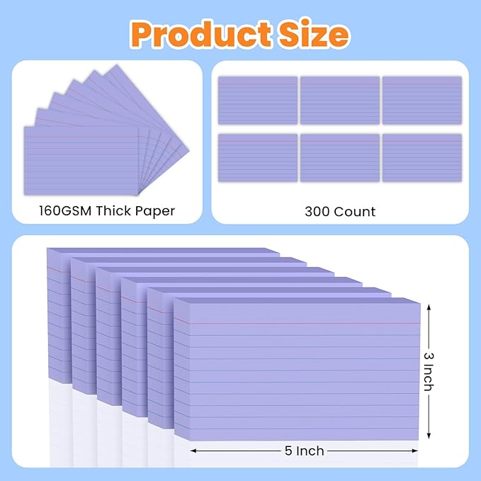 300PCS Index Cards 3 x 5 Inch, Purple Flash Cards, Lined Flashcards Notecards, Flash Cards for Studying, Ruled Front and Blank Back, Note Cards for Office, Home and School